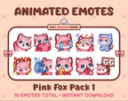 Pink Fox animated Twitch emote pack featuring 10 emotes including GG, angry, cry, and hype.