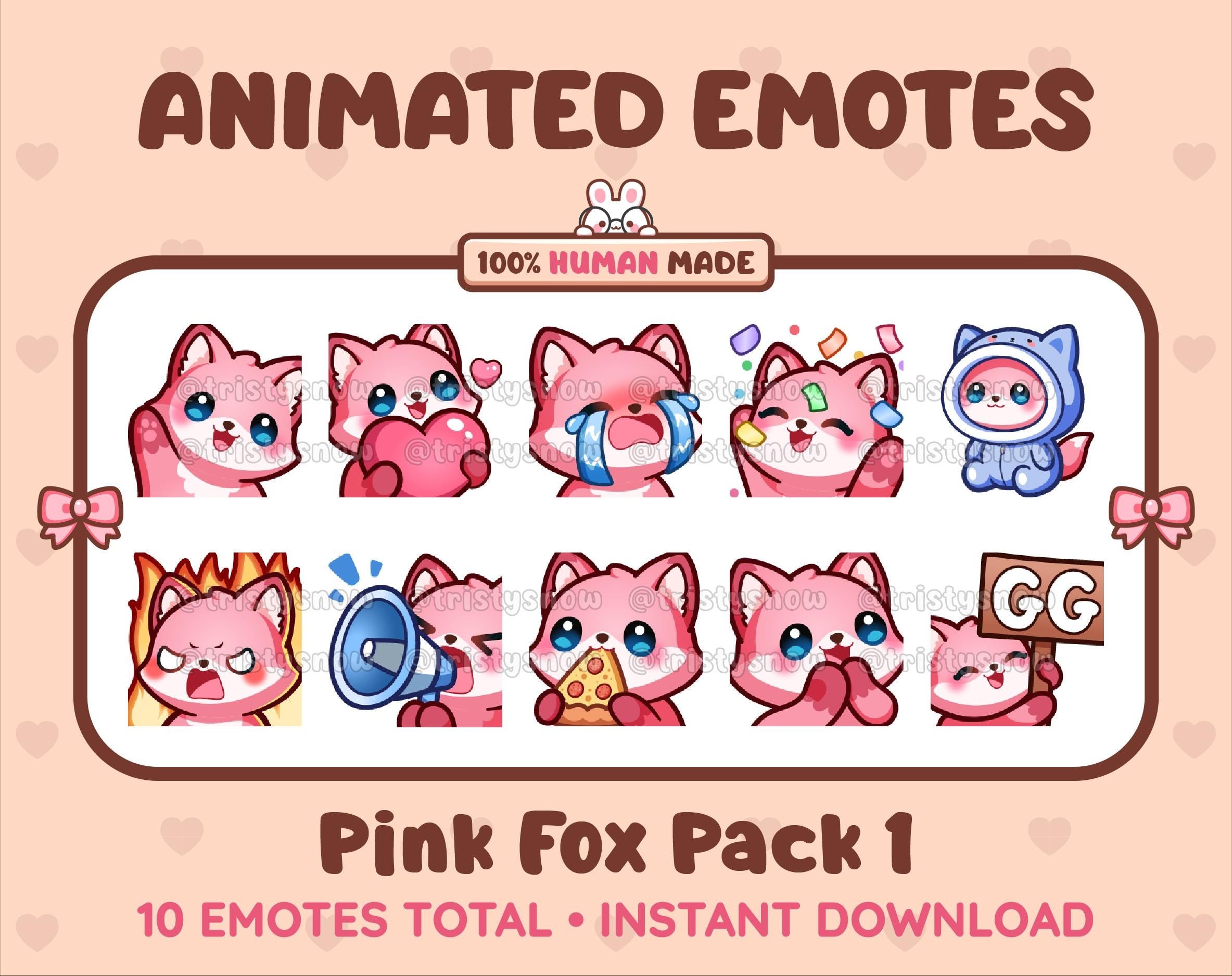 Pink Fox animated Twitch emote pack featuring 10 emotes including GG, angry, cry, and hype.