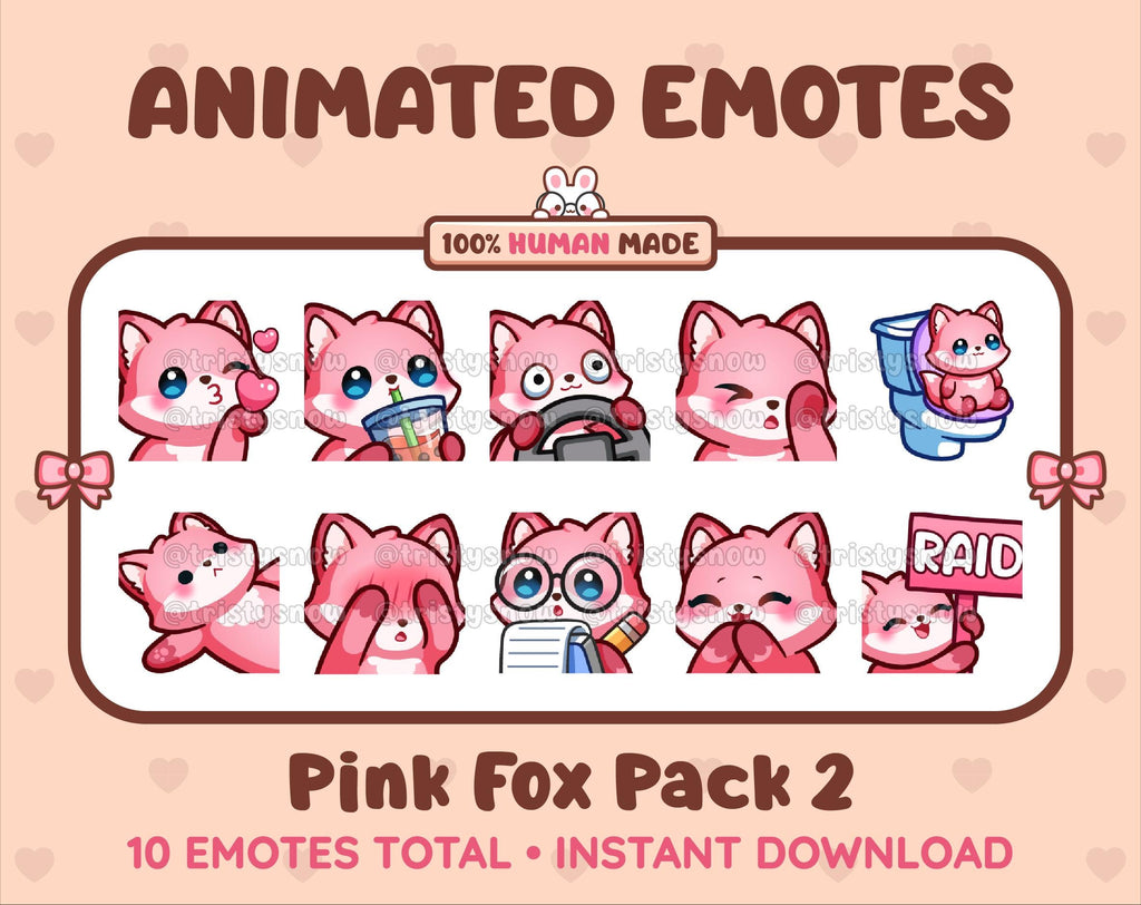 Pink Fox animated Twitch emote pack featuring 10 emotes including kiss, facepalm, shy, and raid.