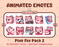 Pink Fox animated Twitch emote pack featuring 10 emotes including kiss, facepalm, shy, and raid.