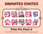 Pink Fox animated Twitch emote pack featuring 10 emotes including kiss, facepalm, shy, and raid.