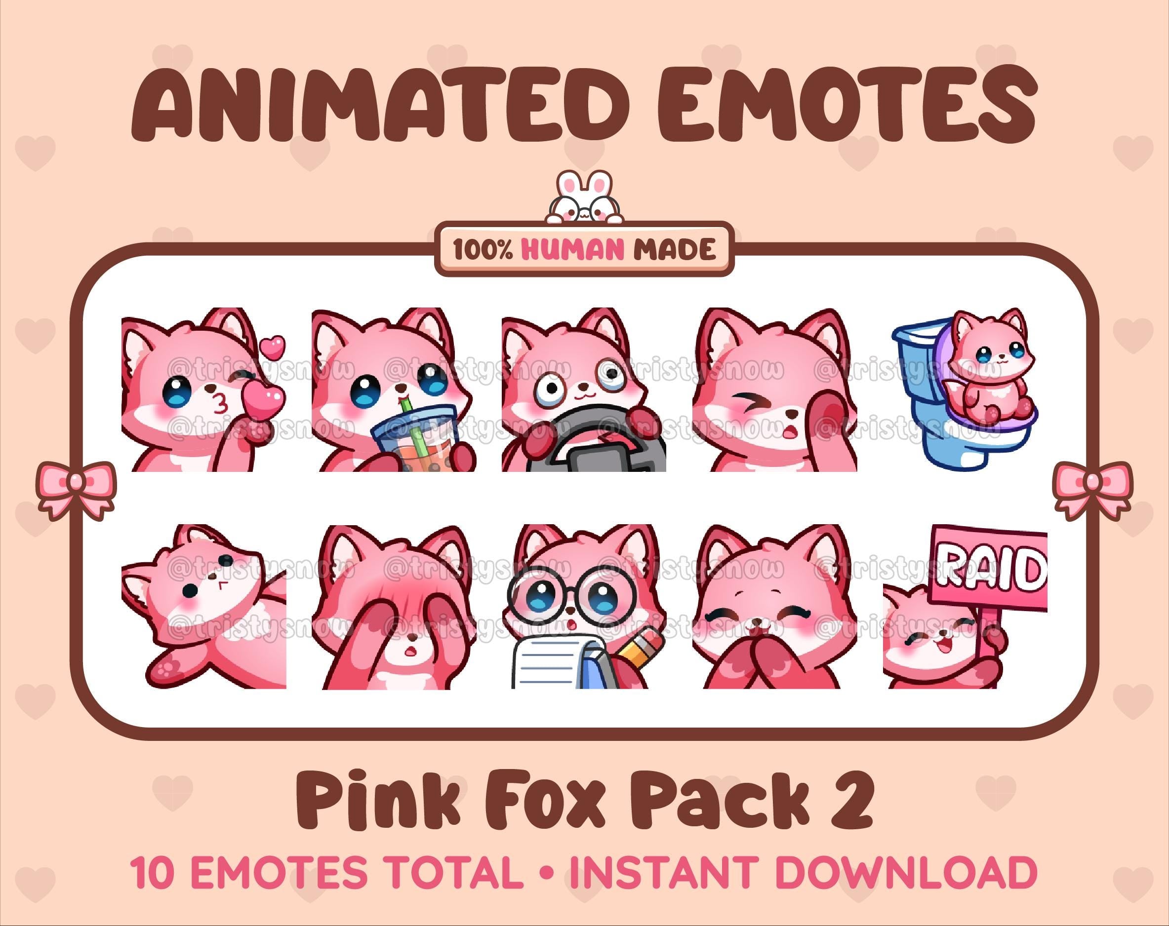 Pink Fox animated Twitch emote pack featuring 10 emotes including kiss, facepalm, shy, and raid.