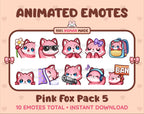 Pink Fox animated Twitch emote pack featuring 10 emotes including flower, cool, plead, and lurk.