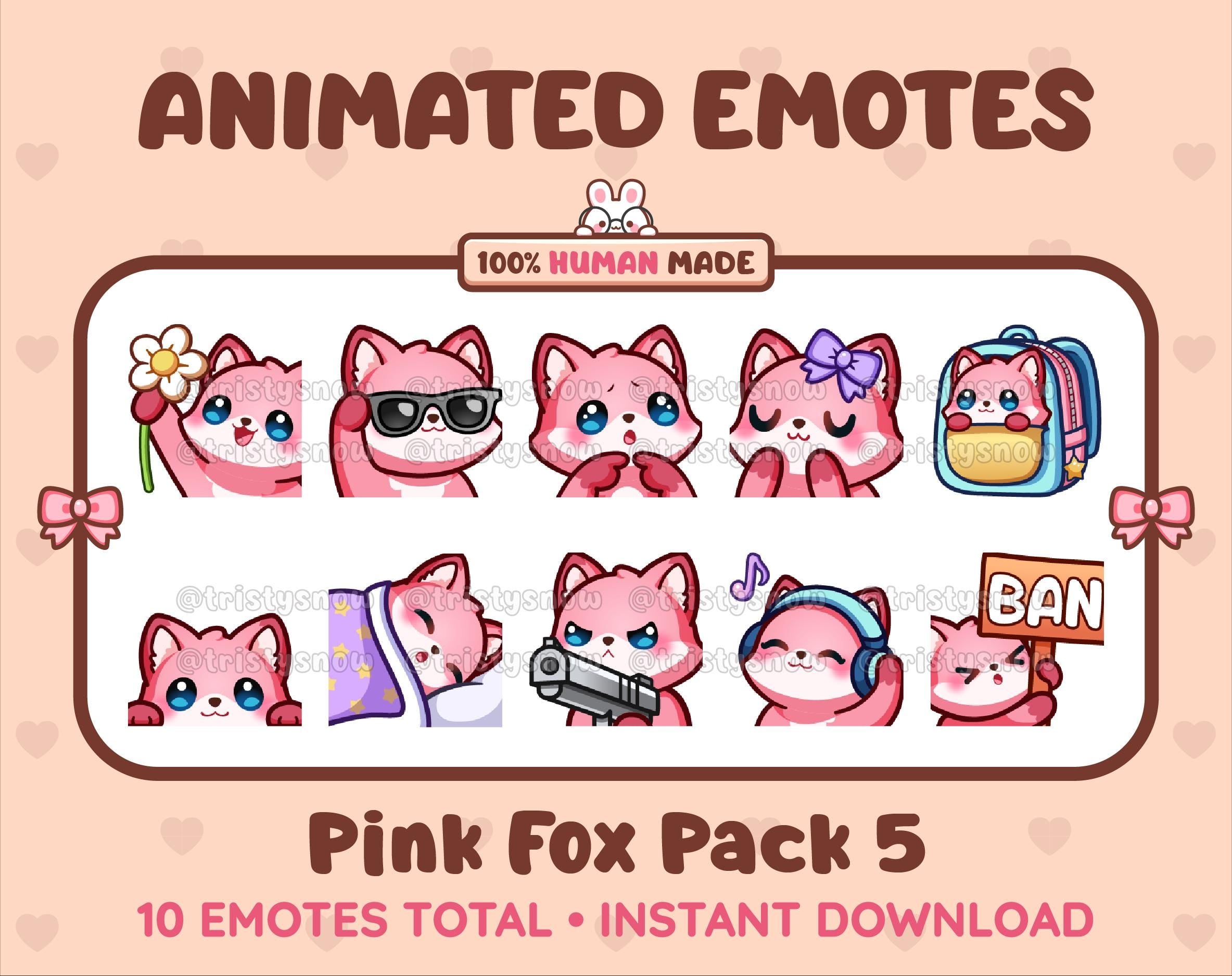 Pink Fox animated Twitch emote pack featuring 10 emotes including flower, cool, plead, and lurk.
