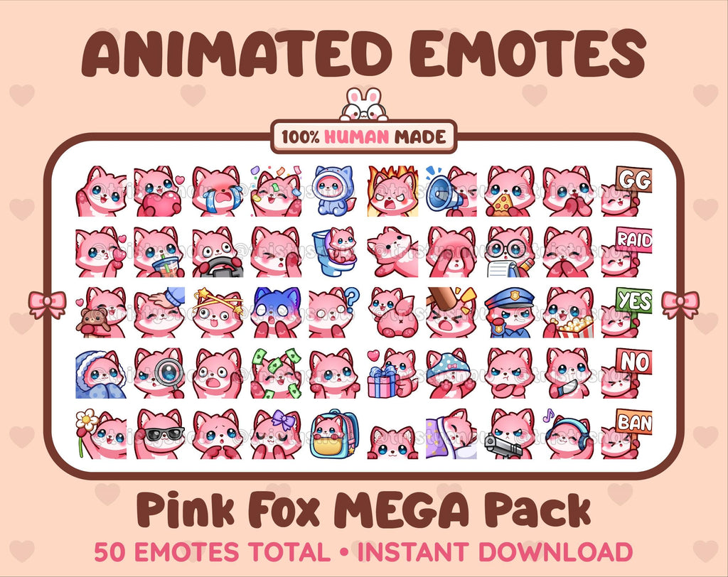 Pink Fox animated Twitch emote mega pack featuring 50 emotes including hype, kiss, raid, and lurk.
