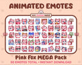Pink Fox animated Twitch emote mega pack featuring 50 emotes including hype, kiss, raid, and lurk.