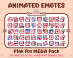 Pink Fox animated Twitch emote mega pack featuring 50 emotes including hype, kiss, raid, and lurk.