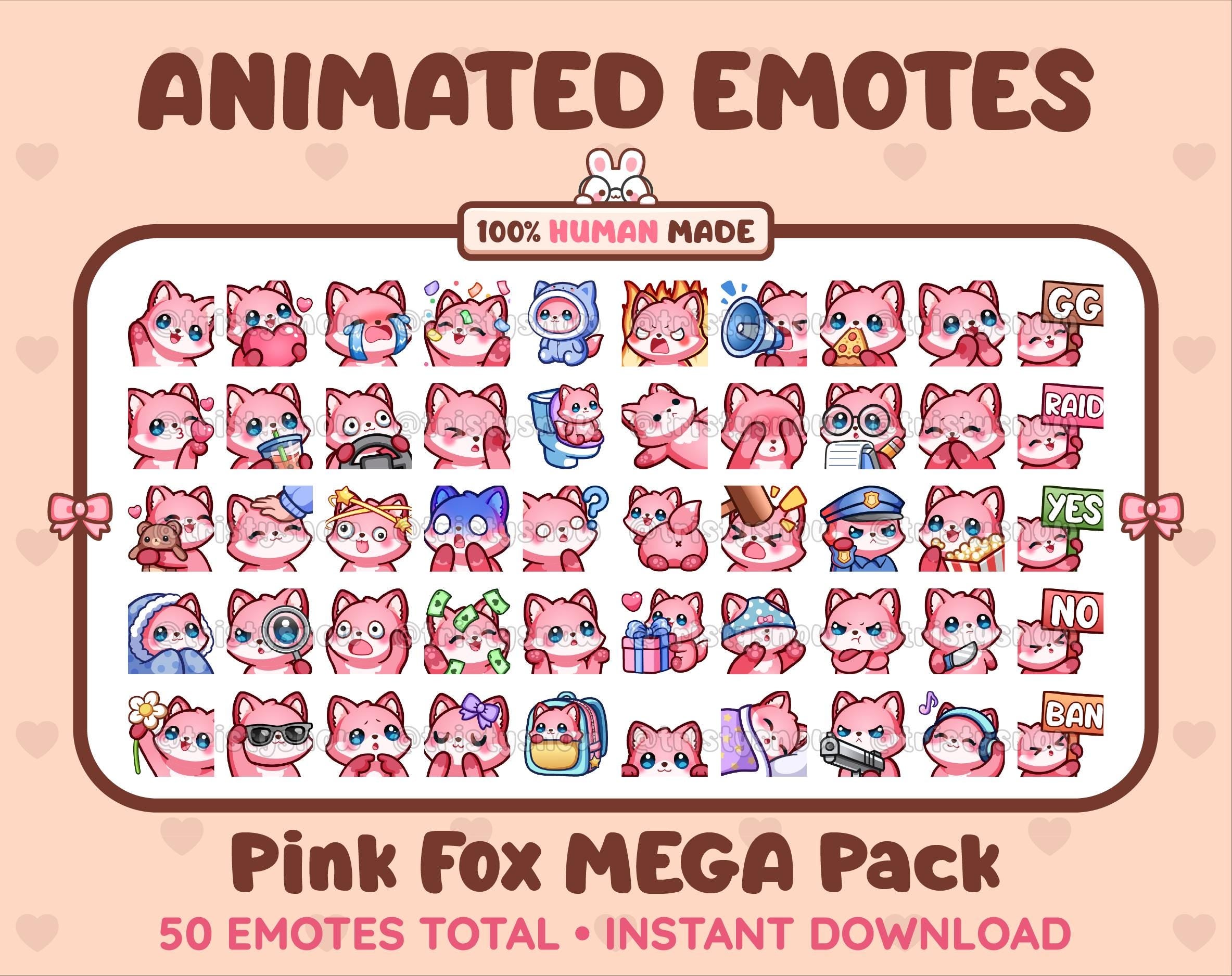 Pink Fox animated Twitch emote mega pack featuring 50 emotes including hype, kiss, raid, and lurk.