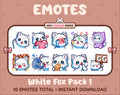 White Fox Twitch emote pack featuring 10 emotes including GG, angry, cry, and hype.