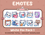 White Fox Twitch emote pack featuring 10 emotes including GG, angry, cry, and hype.