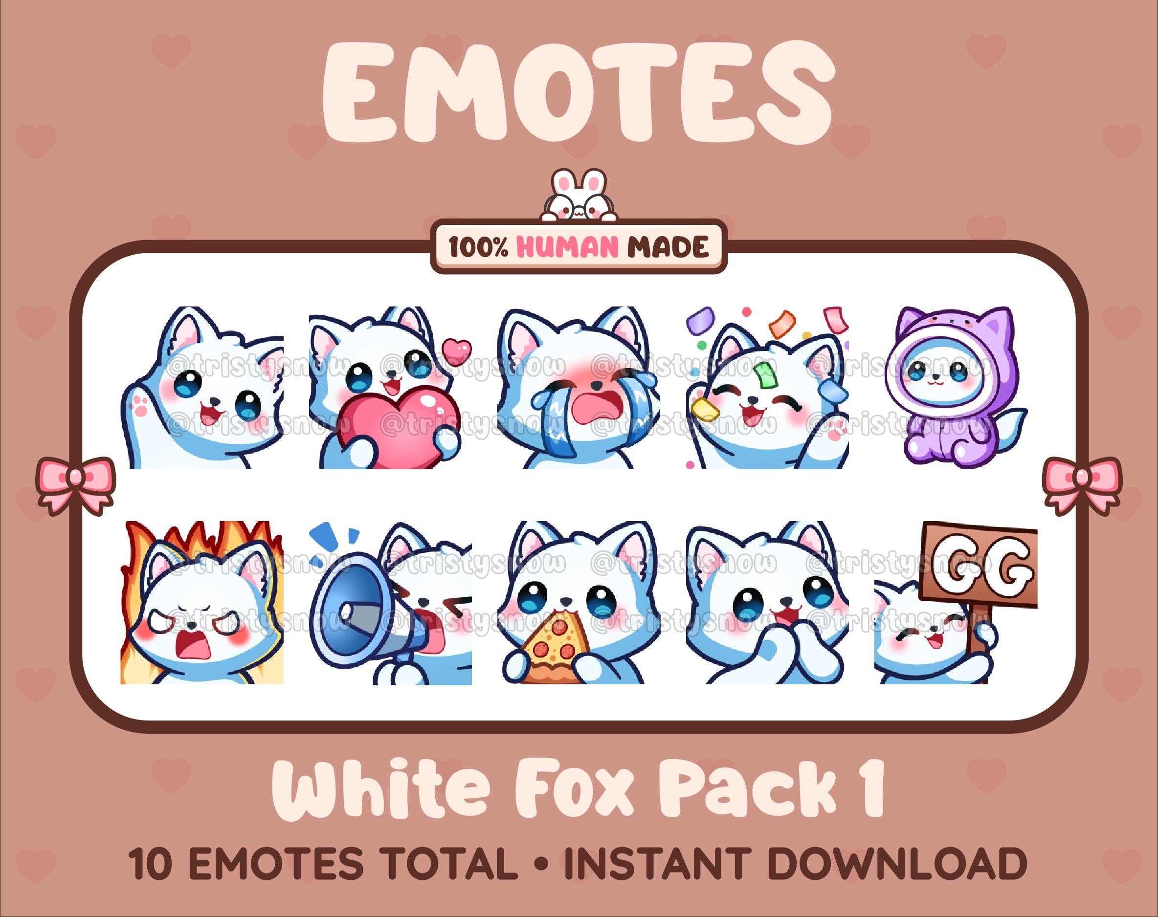 White Fox Twitch emote pack featuring 10 emotes including GG, angry, cry, and hype.