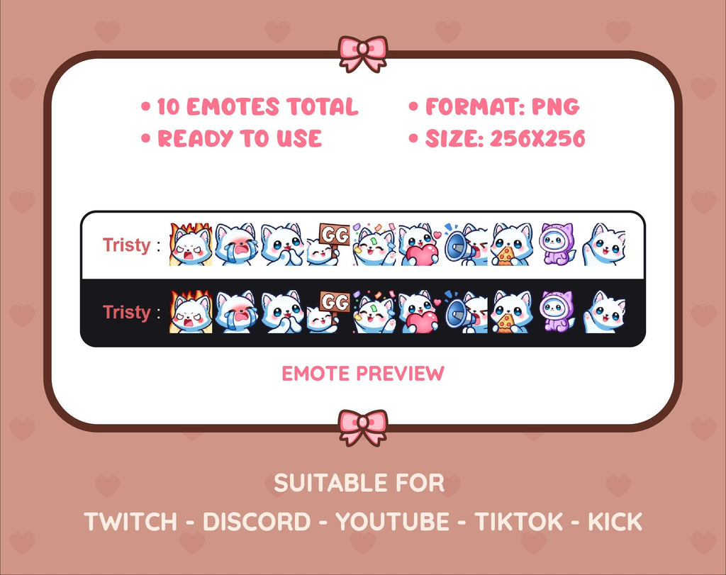 White Fox Twitch emote pack preview displaying all 10 emotes with format and size information.