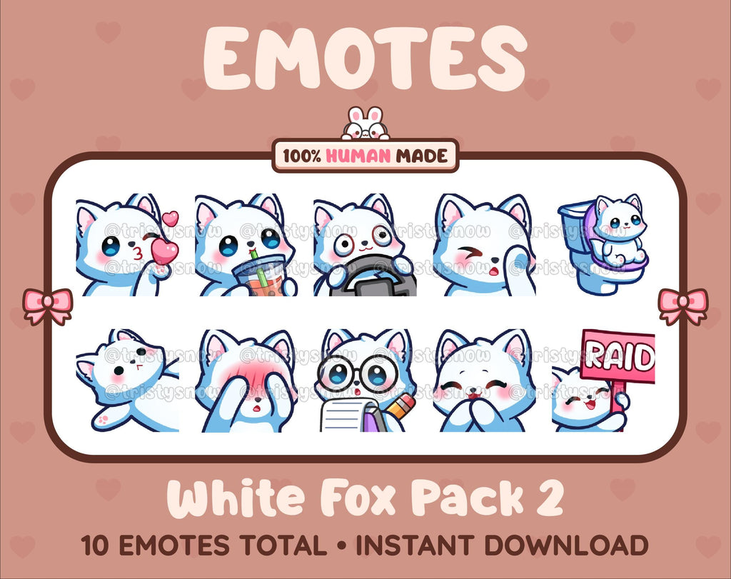 White Fox Twitch emote pack featuring 10 emotes including kiss, facepalm, shy, and raid.