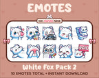 White Fox Twitch emote pack featuring 10 emotes including kiss, facepalm, shy, and raid.
