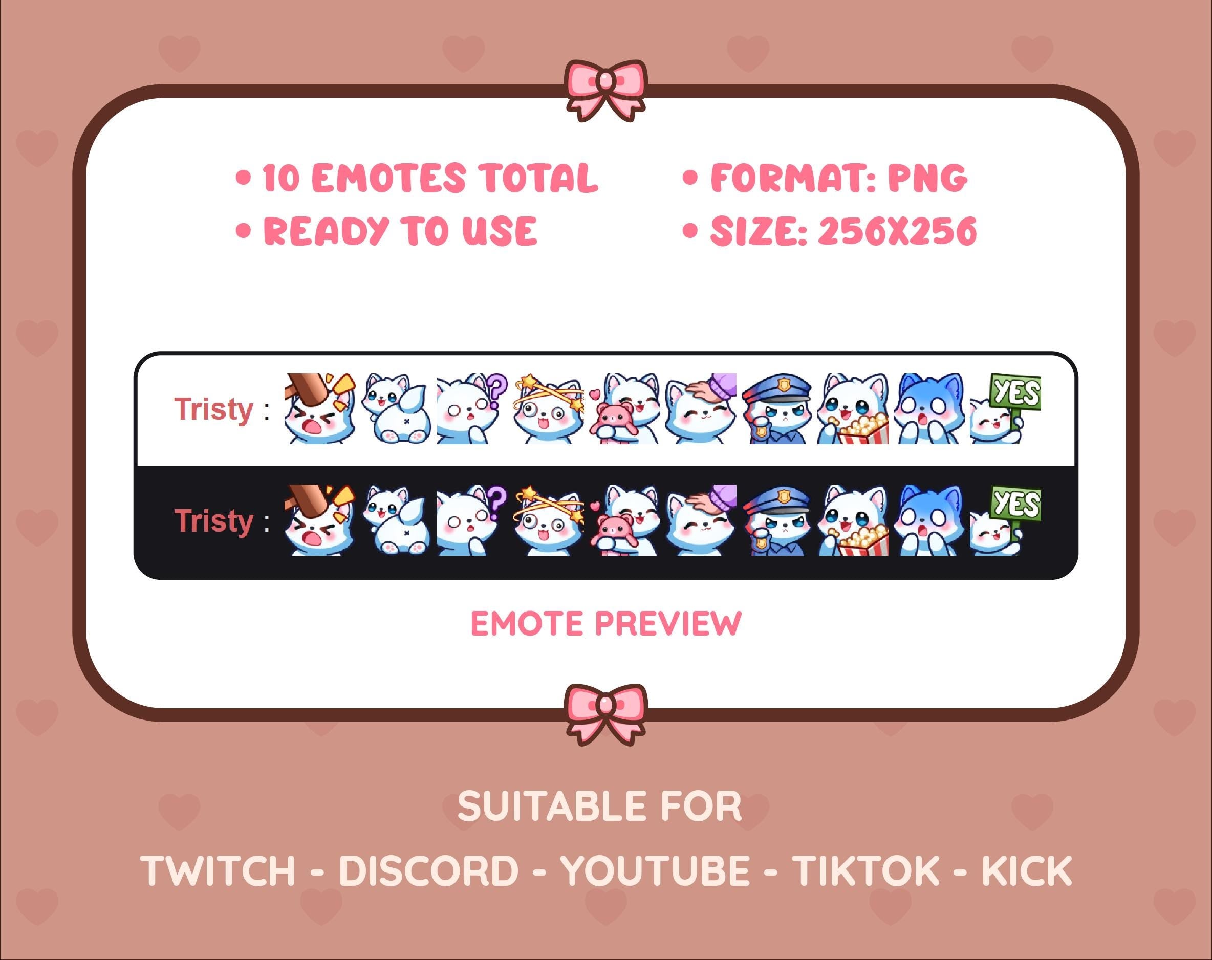 White Fox Twitch emote pack preview displaying all 10 emotes with format and size information.