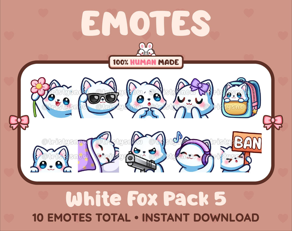 White Fox Twitch emote pack featuring 10 emotes including flower, cool, plead, and lurk.