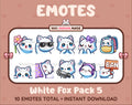 White Fox Twitch emote pack featuring 10 emotes including flower, cool, plead, and lurk.