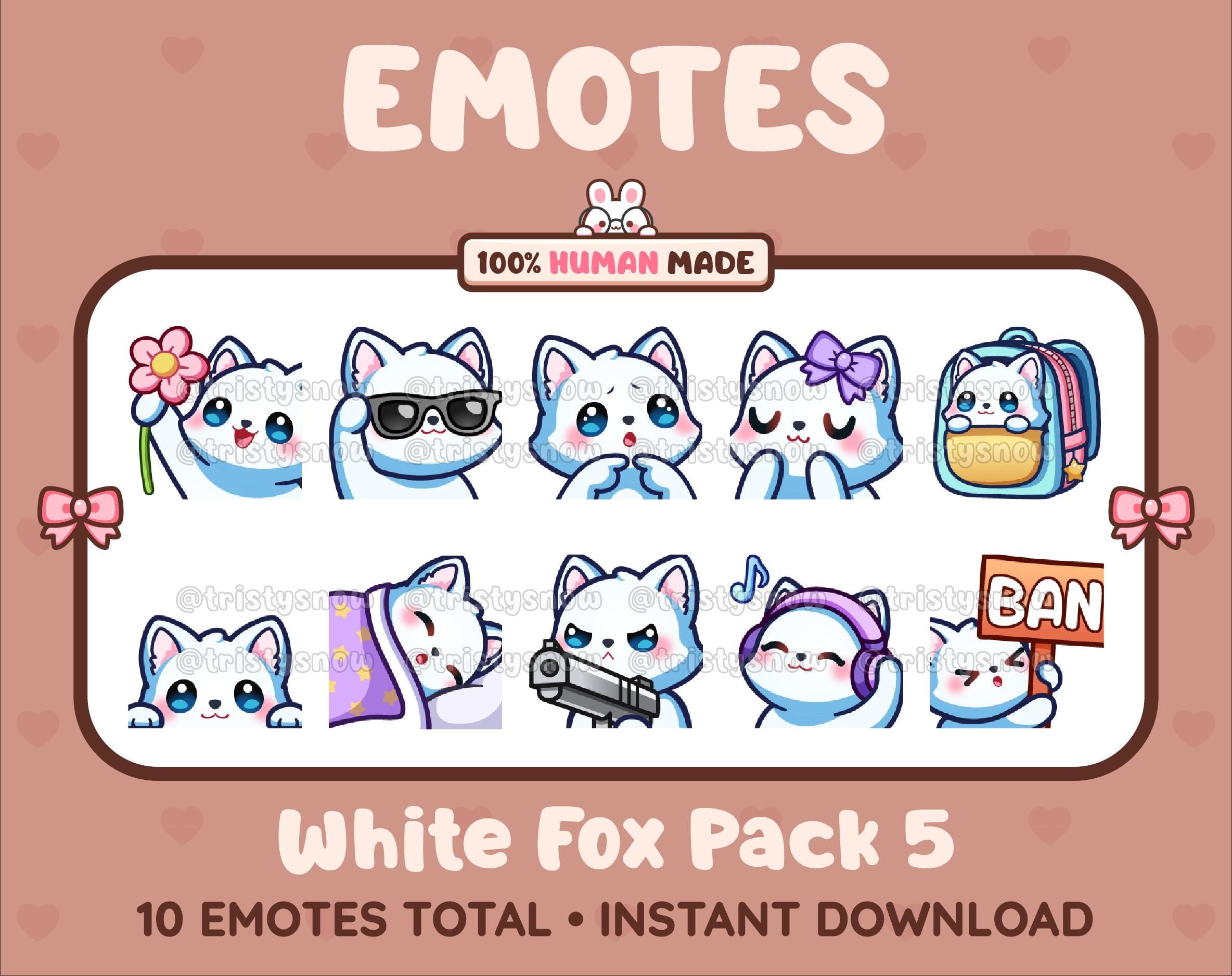 White Fox Twitch emote pack featuring 10 emotes including flower, cool, plead, and lurk.