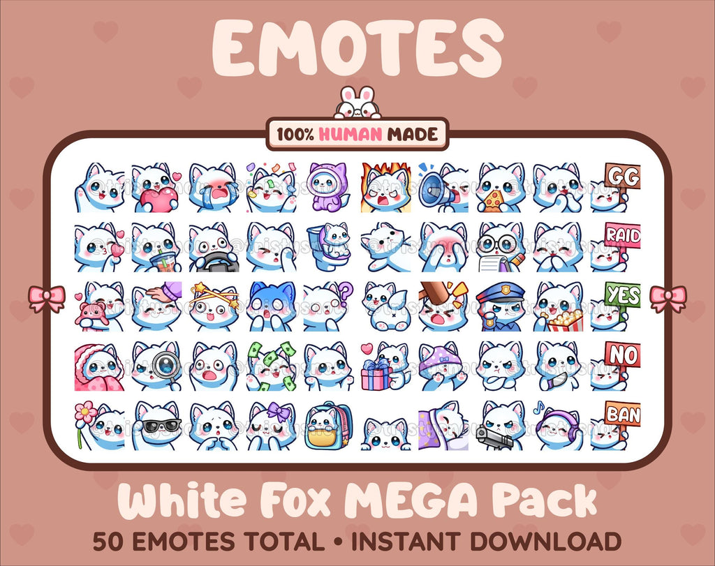 White Fox Twitch emote mega pack featuring 50 emotes including hype, kiss, raid, and lurk.