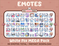 White Fox Twitch emote mega pack featuring 50 emotes including hype, kiss, raid, and lurk.