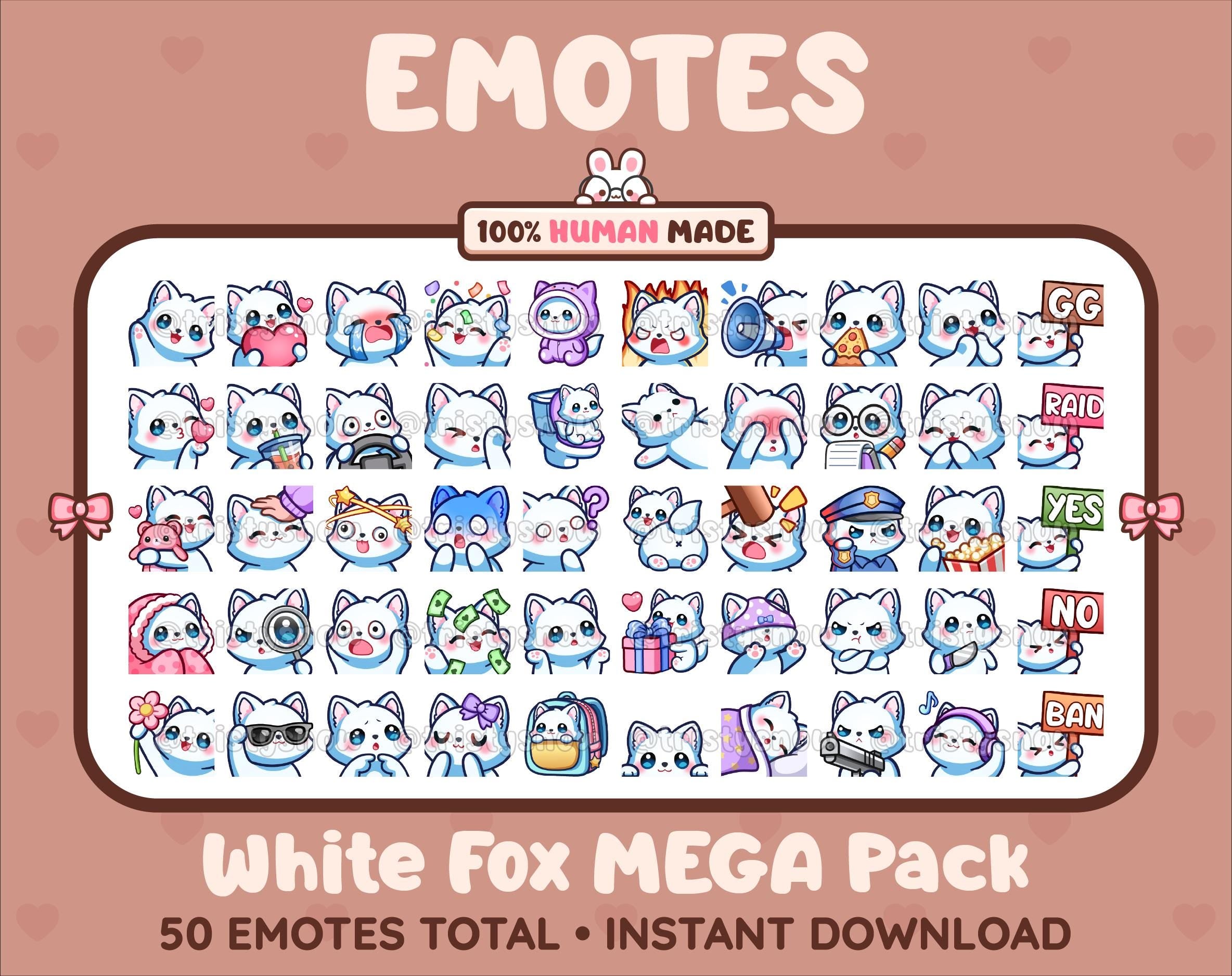 White Fox Twitch emote mega pack featuring 50 emotes including hype, kiss, raid, and lurk.