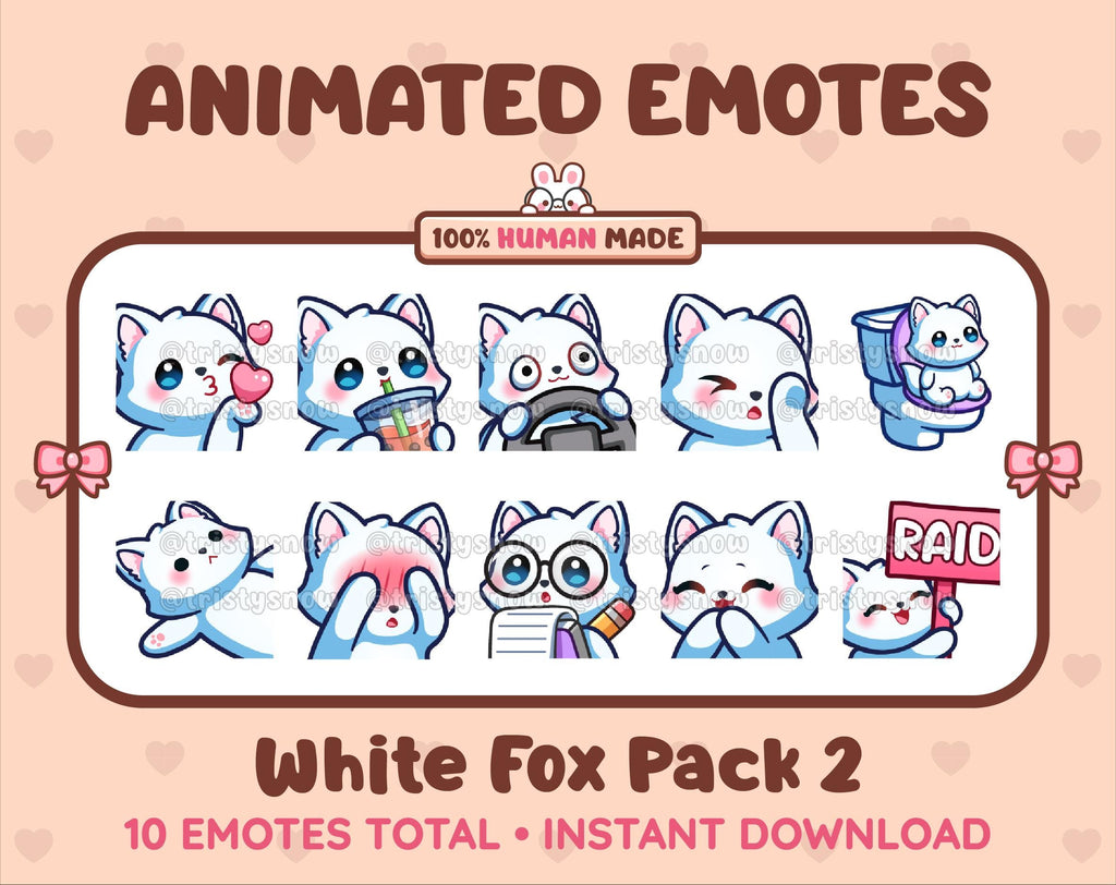 White Fox animated Twitch emote pack featuring 10 emotes including kiss, facepalm, shy, and raid.