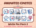 White Fox animated Twitch emote pack featuring 10 emotes including kiss, facepalm, shy, and raid.