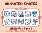 White Fox animated Twitch emote pack featuring 10 emotes including kiss, facepalm, shy, and raid.