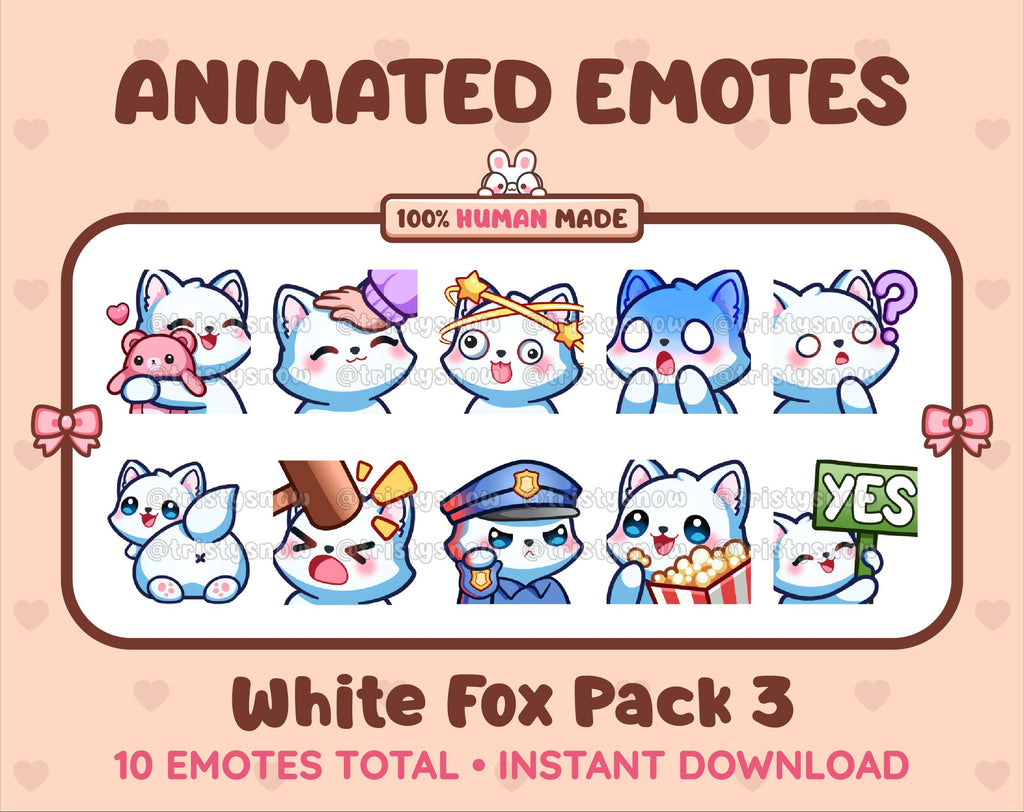 White Fox animated Twitch emote pack featuring 10 emotes including hug, scared, bonk, and popcorn.