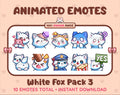 White Fox animated Twitch emote pack featuring 10 emotes including hug, scared, bonk, and popcorn.
