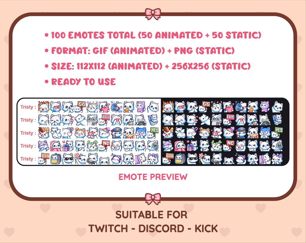 White Fox animated Twitch emote mega pack preview displaying all 50 emotes with format and size information.