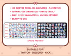 White Fox animated Twitch emote mega pack preview displaying all 50 emotes with format and size information.