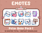 Polar Bear Twitch emote pack featuring 10 emotes including GG, angry, cry, and hype.