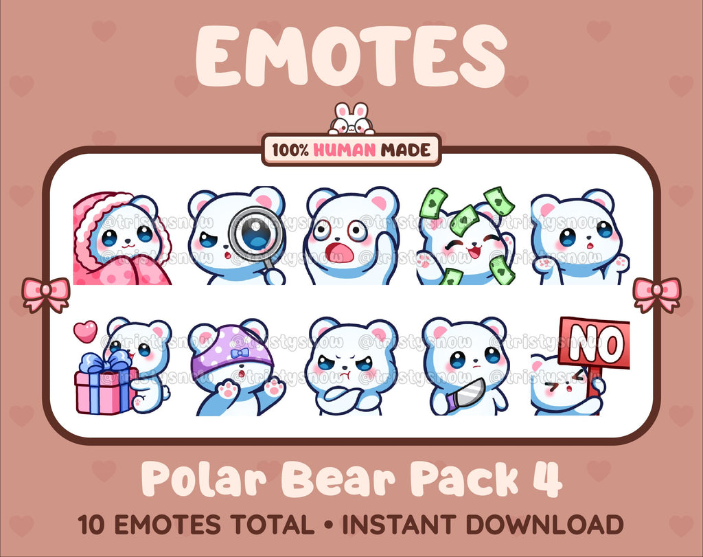 Polar Bear Twitch emote pack featuring 10 emotes including cozy, sus, panic, and shrug.