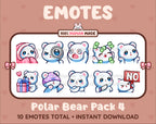 Polar Bear Twitch emote pack featuring 10 emotes including cozy, sus, panic, and shrug.