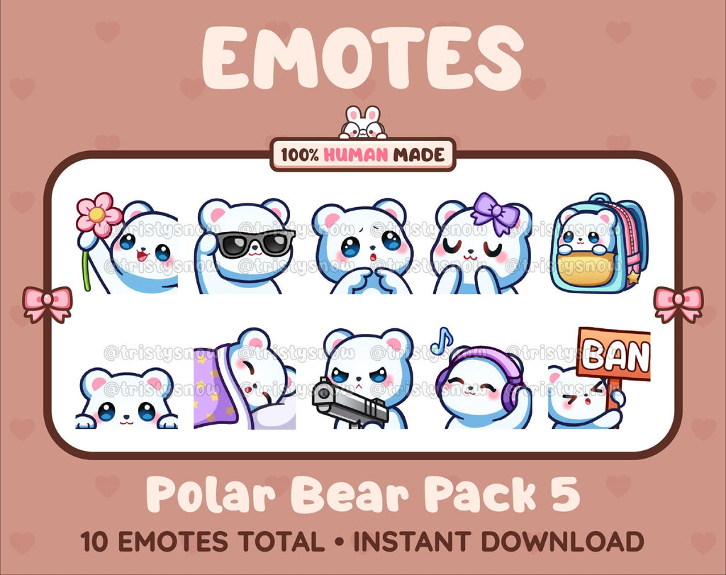 Polar Bear Twitch emote pack featuring 10 emotes including flower, cool, plead, and lurk.