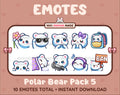 Polar Bear Twitch emote pack featuring 10 emotes including flower, cool, plead, and lurk.