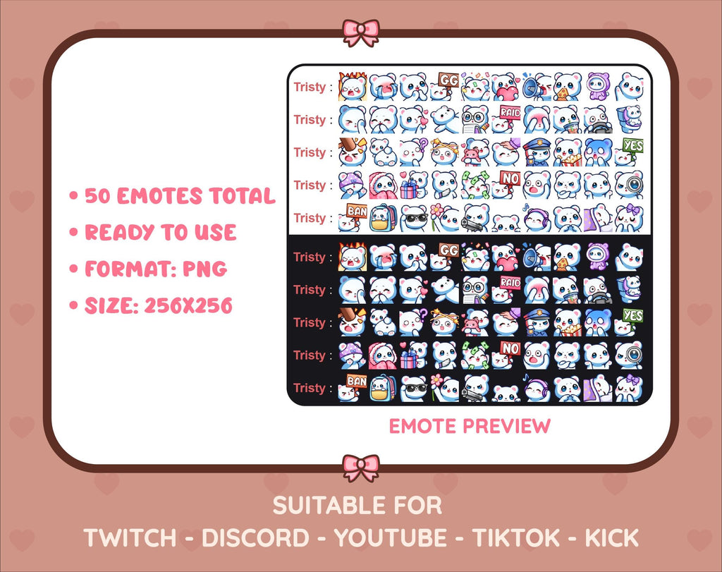 Polar Bear Twitch emote mega pack preview displaying all 50 emotes with format and size information.