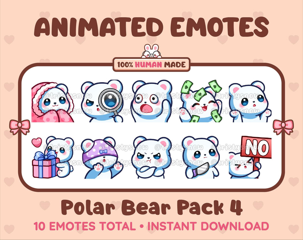 Polar Bear animated Twitch emote pack featuring 10 emotes including cozy, sus, panic, and shrug.