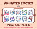 Polar Bear animated Twitch emote pack featuring 10 emotes including cozy, sus, panic, and shrug.