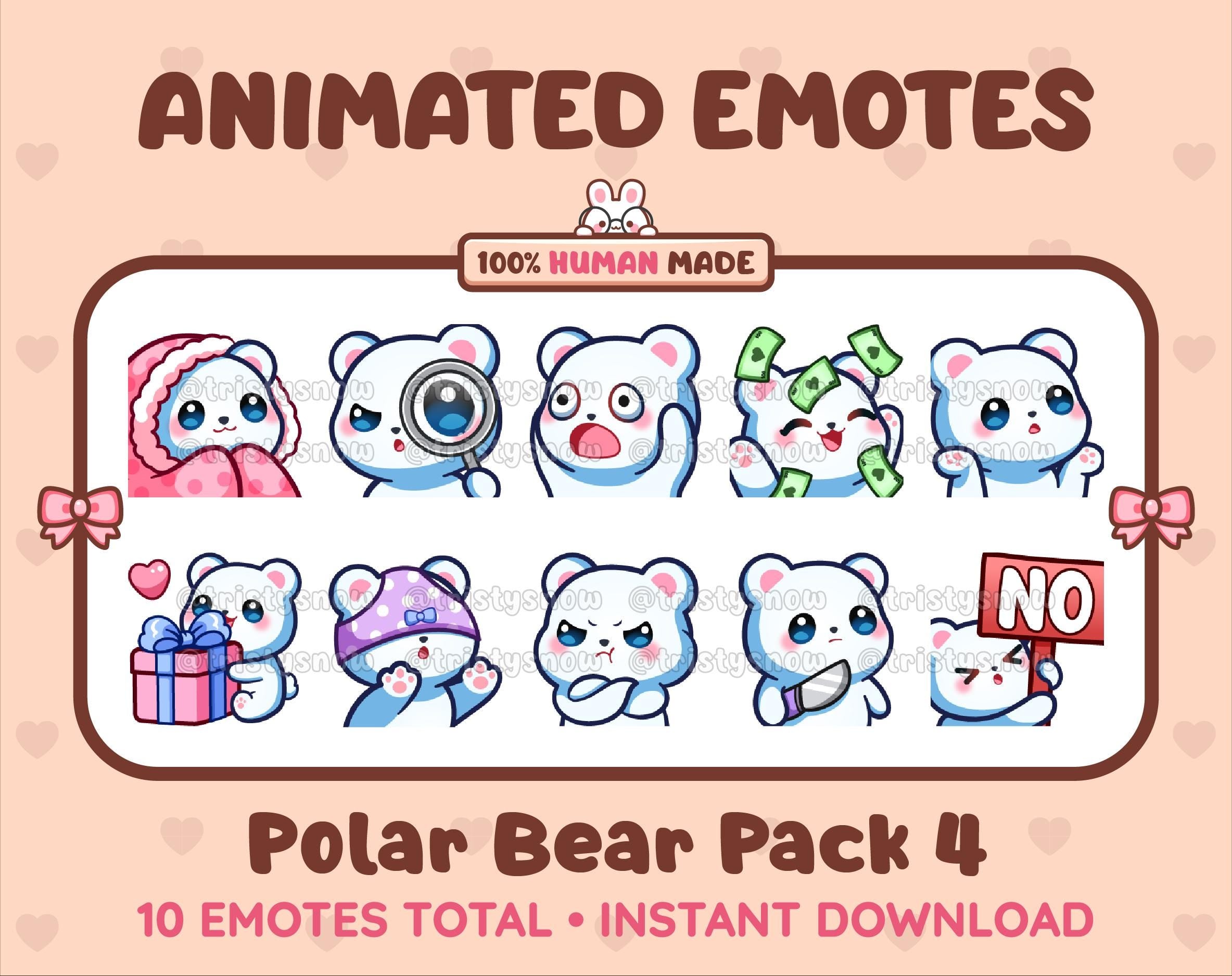 Polar Bear animated Twitch emote pack featuring 10 emotes including cozy, sus, panic, and shrug.