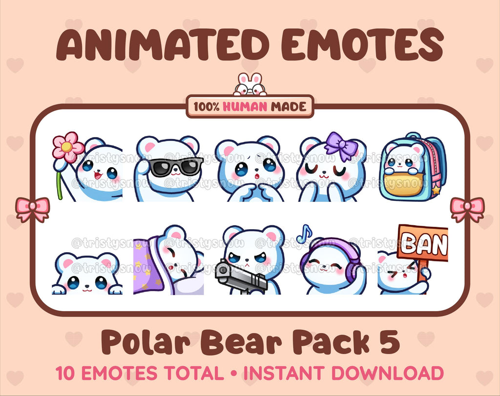 Polar Bear animated Twitch emote pack featuring 10 emotes including flower, cool, plead, and lurk.
