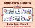 Polar Bear animated Twitch emote pack featuring 10 emotes including flower, cool, plead, and lurk.
