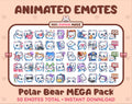 Polar Bear animated Twitch emote mega pack featuring 50 emotes including hype, kiss, raid, and lurk.