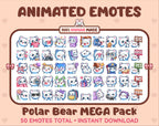 Polar Bear animated Twitch emote mega pack featuring 50 emotes including hype, kiss, raid, and lurk.