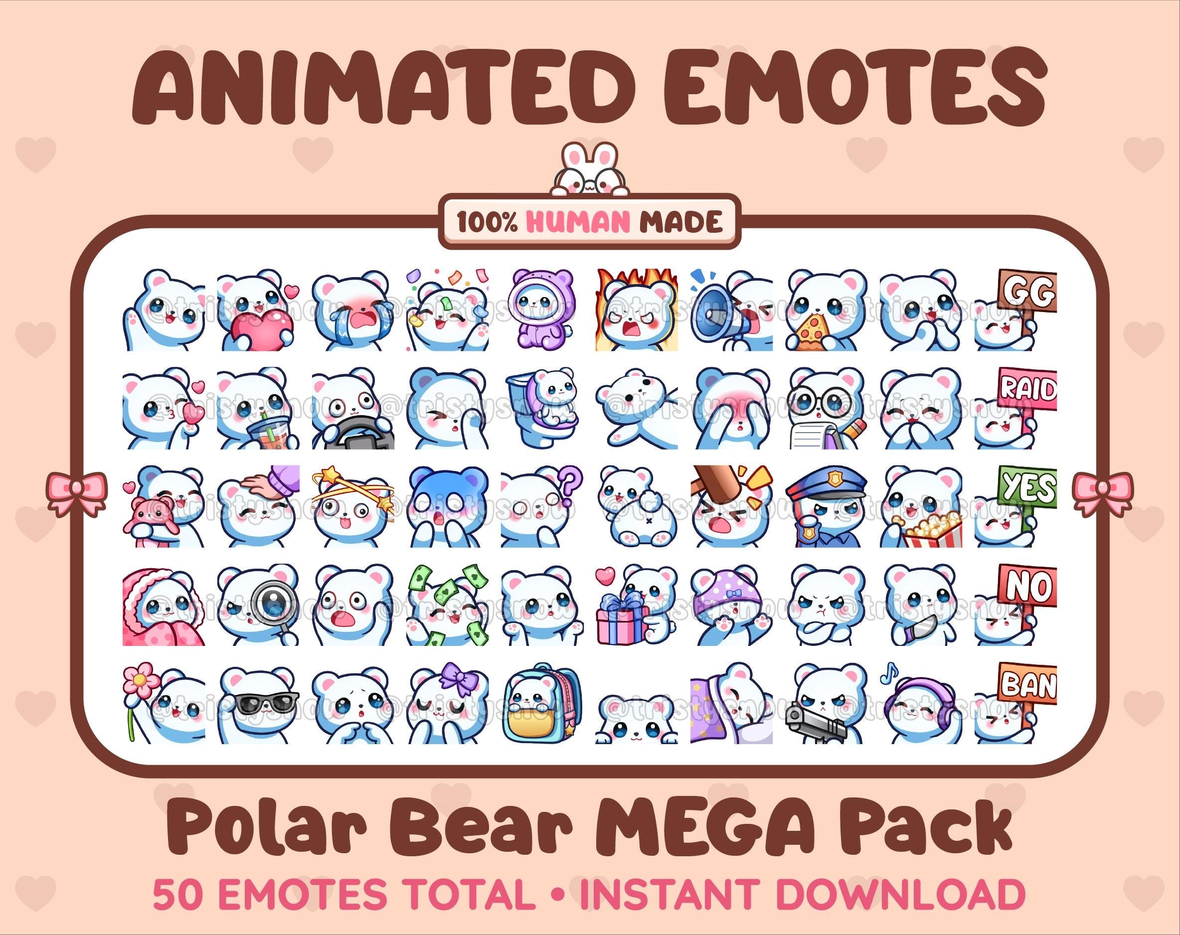 Polar Bear animated Twitch emote mega pack featuring 50 emotes including hype, kiss, raid, and lurk.