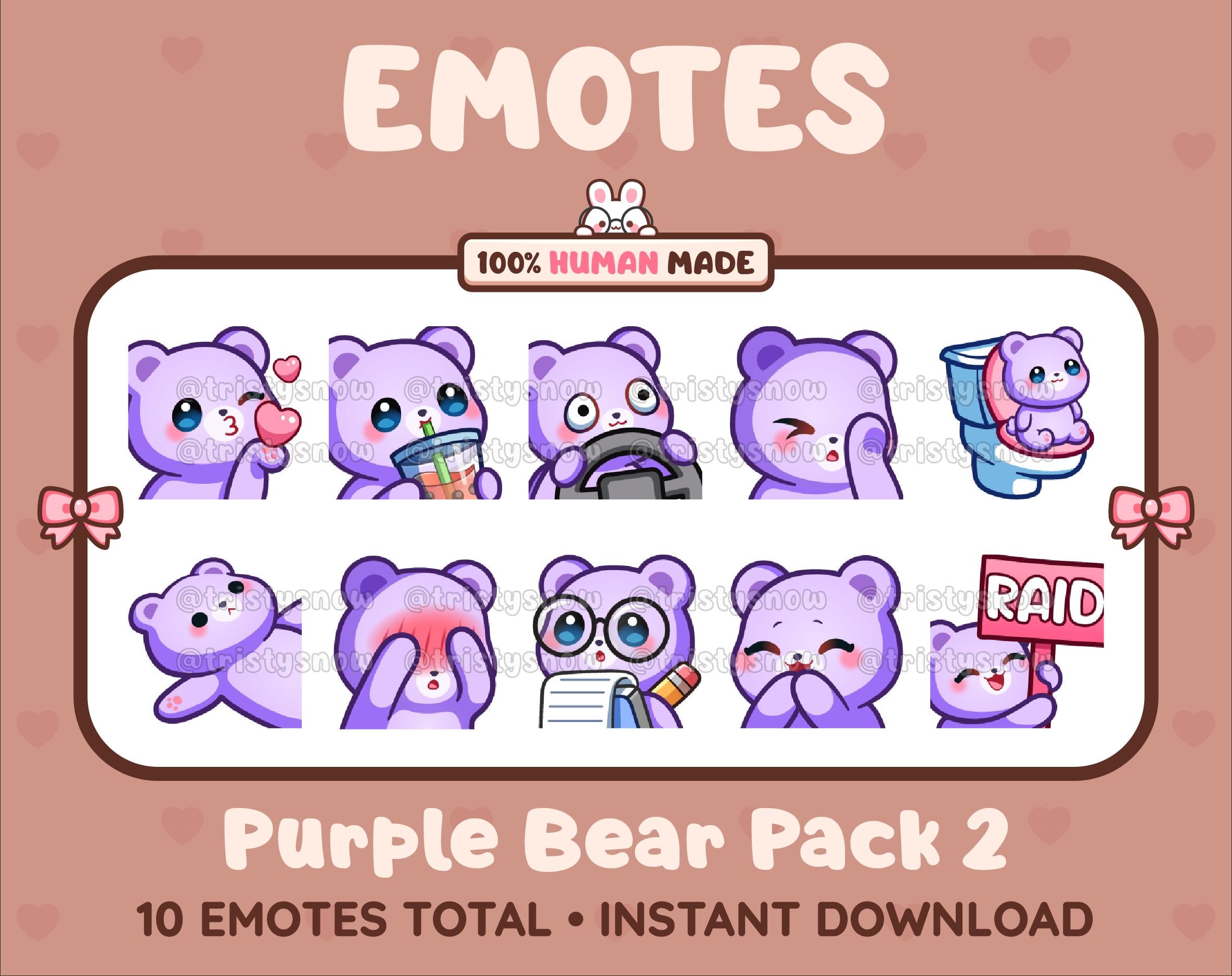 Purple Bear Twitch emote pack featuring 10 emotes including kiss, facepalm, shy, and raid.
