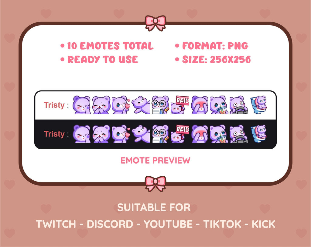 Purple Bear Twitch emote pack preview displaying all 10 emotes with format and size information.
