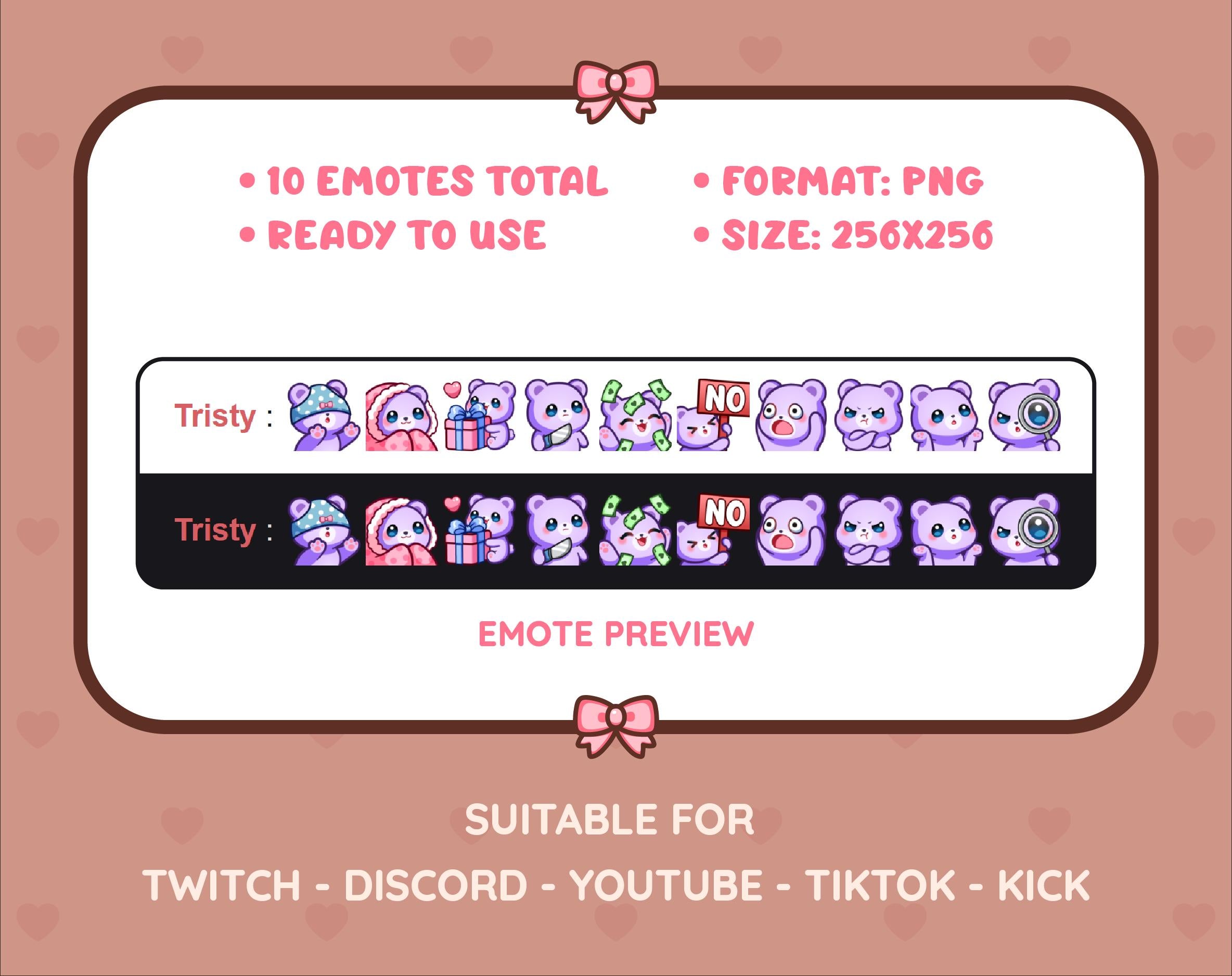 Purple Bear Twitch emote pack preview displaying all 10 emotes with format and size information.