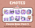 Purple Bear Twitch emote pack featuring 10 emotes including flower, cool, plead, and lurk.